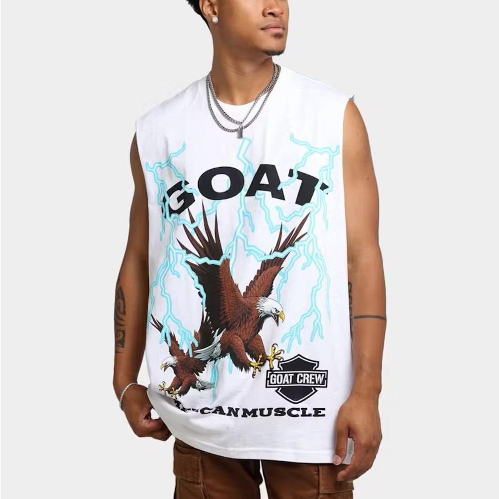Mens Goat Crew American Vintage Graphic Muscle Sleeveless T-Shirt -White Size XL